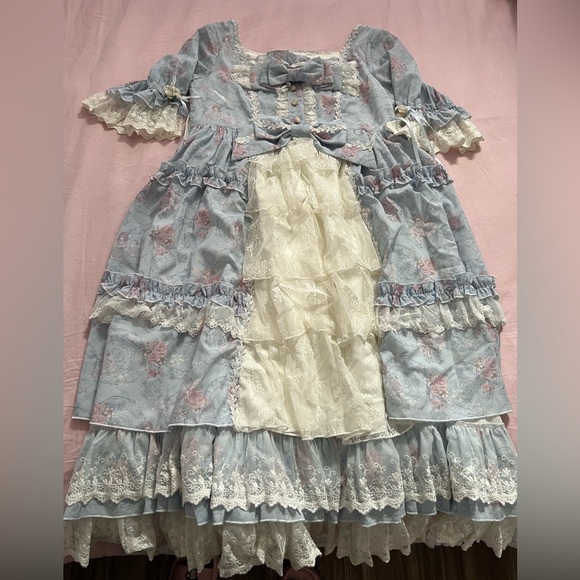Lolita Blue and White Rococo Marie Antoinette Lace Midi Dress - Picture 1 of 6